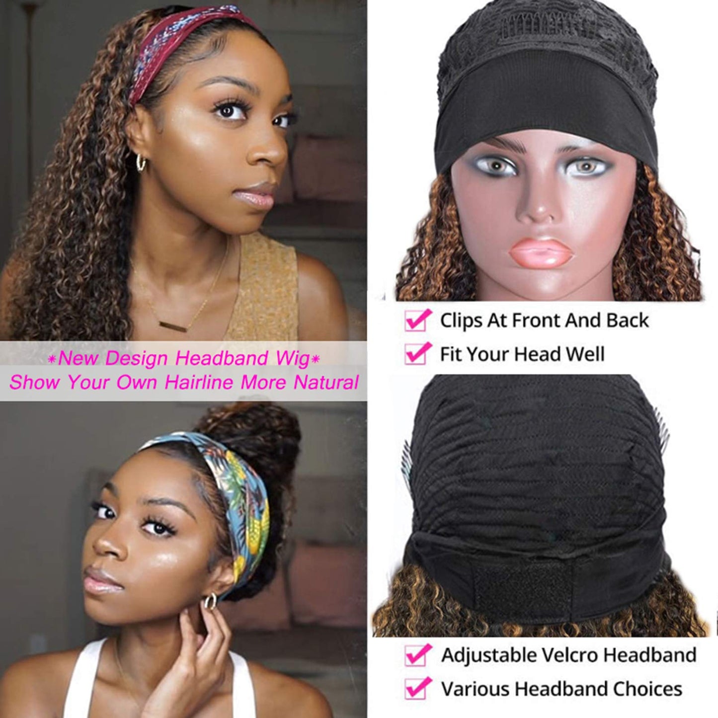 YMS Headband Wig Human Hair 2/30 Highlight None Lace Front Wigs Human Hair Curly Headband Wigs for Black Women 150% Density Human Hair Wigs(12 inch,Highlight 2/30)