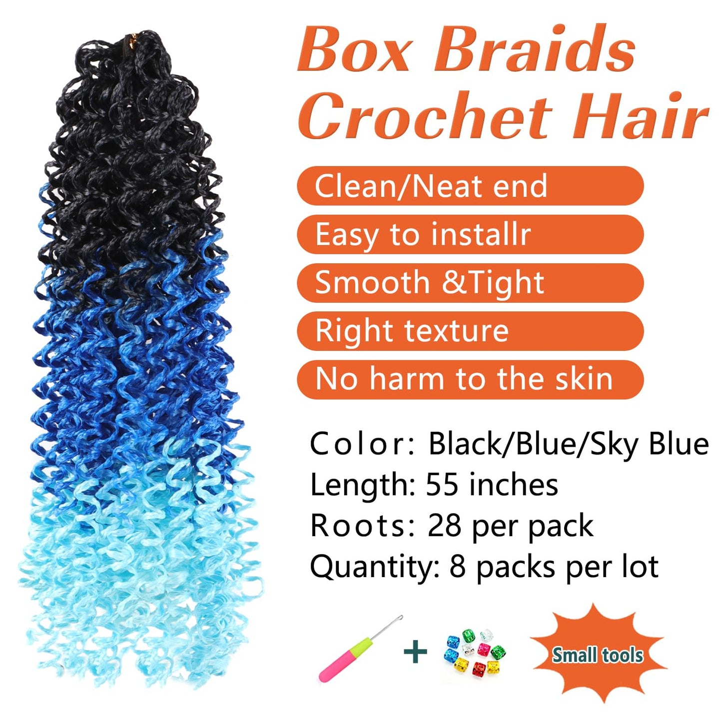 8 Packs of 55-Inch Wavy Small Box Braids Crochet Hair - Knots, Curls, and Waves with ZiZi Braids Synthetic Hand Crochet Extensions - 28 Strands/Pack - Ideal for Black Women(Black/Blue/Sky Blue)