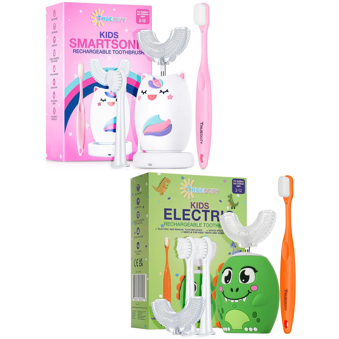 Trueocity Kids Toothbrushes U Shape (Unicorn + Dinosaur)