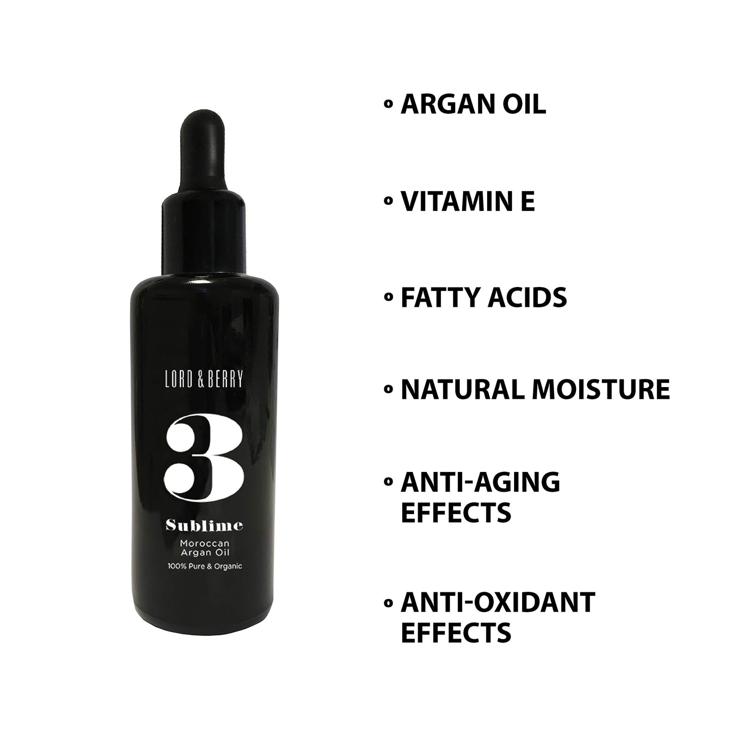 Lord and Berry 3 SUBLIME Moroccan Argan Hydrating Oil, 100 percent Pure and Organic Enriched With Vitamin E, 1.69 Fl Oz