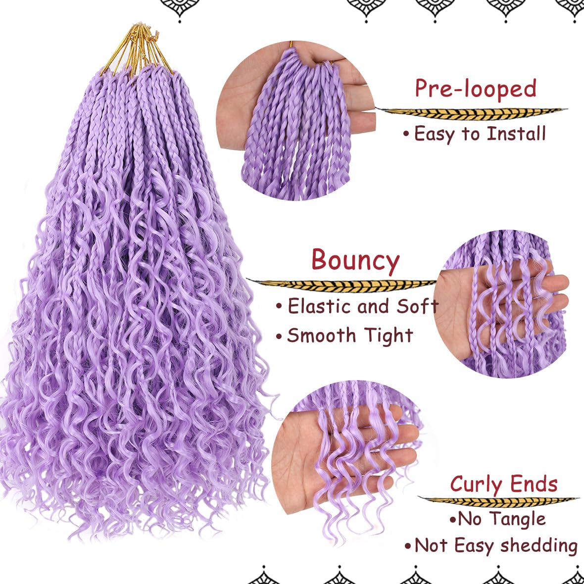 Beverlee 14 Inch Boho Box Braids 8 Packs Goddess Box Braids Crochet Hair Bohemian Hippie Braids Braiding Hair Box Braids with Curly Ends Messy Pre-looped Synthetic Crochet Hair for Women Light Purple#