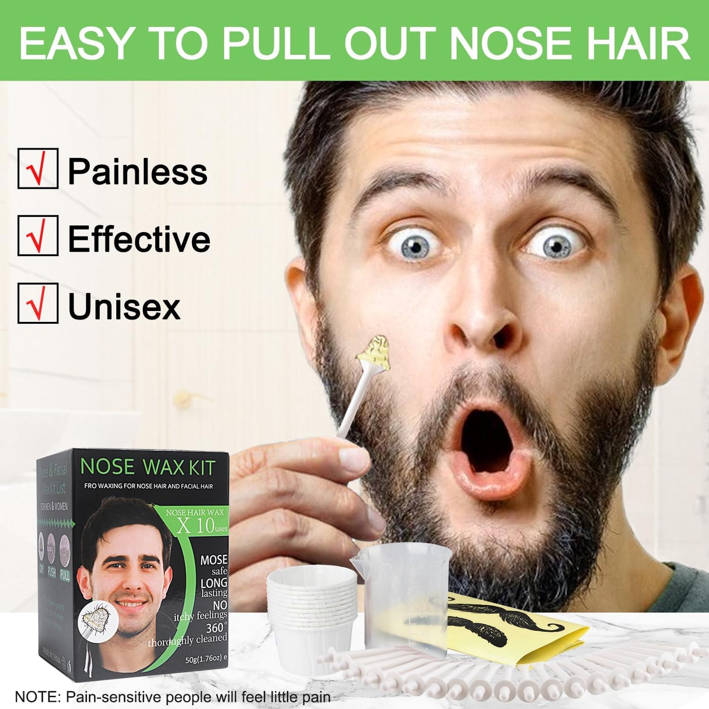 BLUETOP Nose Wax Kit for Men Women, Nose Waxing Kit Nose Ear Hair Instant Removal Kits with 50g Wax Beads 20 Applicators (10 times) 10 Paper Cups 10 Mustache Guards, Safe Easy Quick & Painless