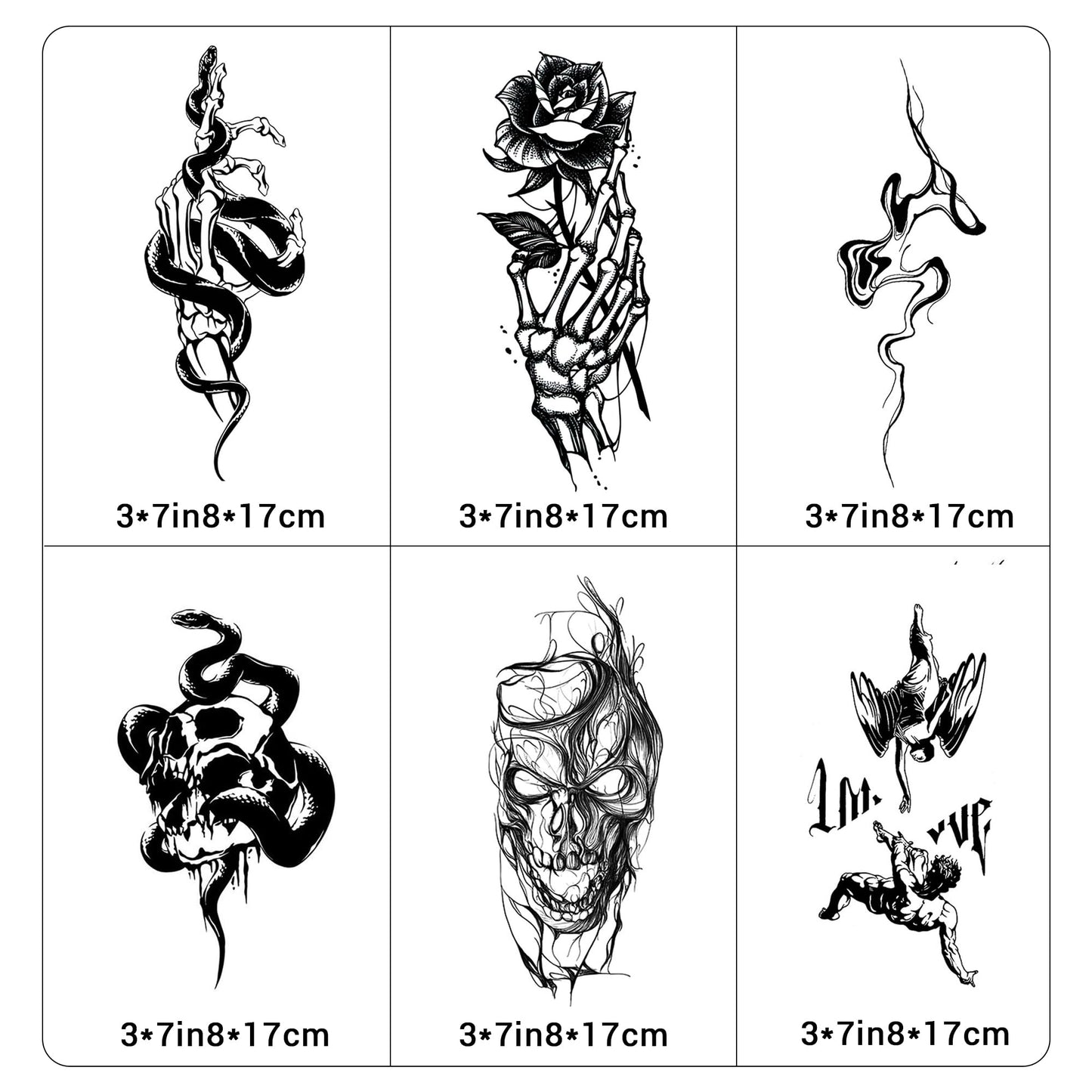 INKARTLINK 6 Sheets Temporary Tattoos, Semi-Permanent Tattoo,Lasts 1-2 Weeks, lines, skulls，3 × 7 in