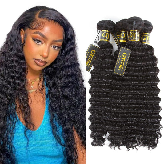 QTHAIR 14A Brazilian Virgin Hair Deep Wave Hair Extensions(18'' 20'' 22'' 24'',400g) 100% Unprocessed Deep Wave Brazilian Virgin Human Hair Wave Bundles