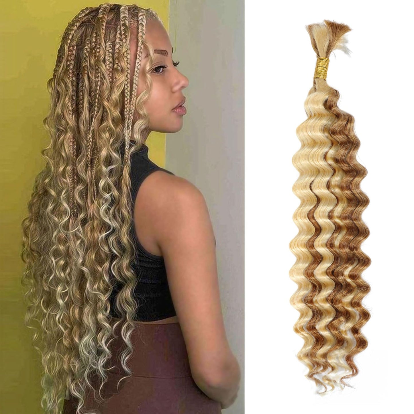 DSEKCAIN P27/613 Blonde Human Braiding Hair for Boho Braids Human Hair 1 Bundle 50g 16 Inch Deep Wave Crochet Braids Human Hair Curly Braiding Human Hair Bulk No Weft 16A Boho Human Hair for Braiding