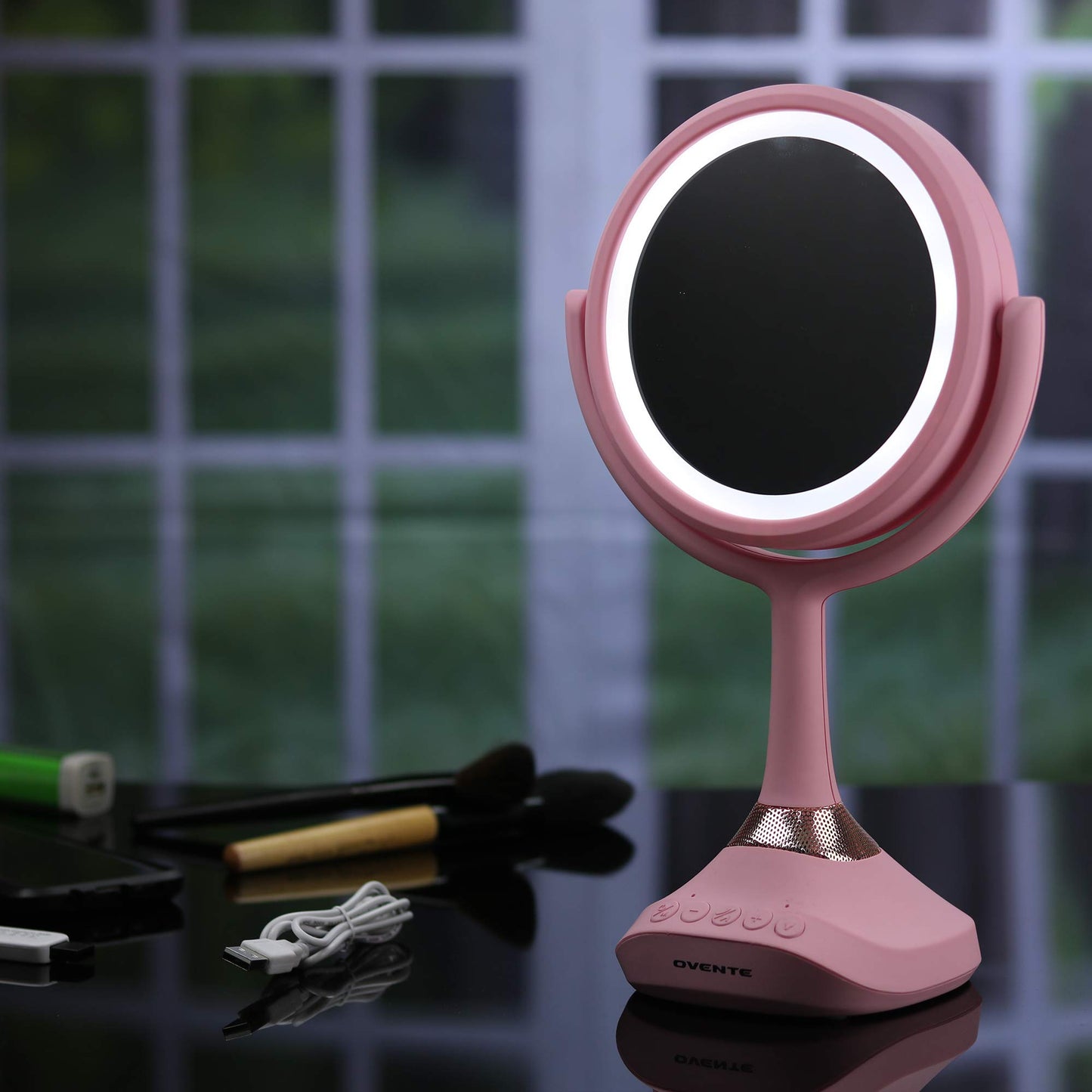 Ovente Lighted Vanity Mirror, Table Top, 360 Degree Spinning 6'' Double Sided Circle LED 1X 5X Magnifier with MP3 Audio, Built-in Wireless Speaker, Rechargeable, USB Operated, Baby Pink MRT06P1X5X