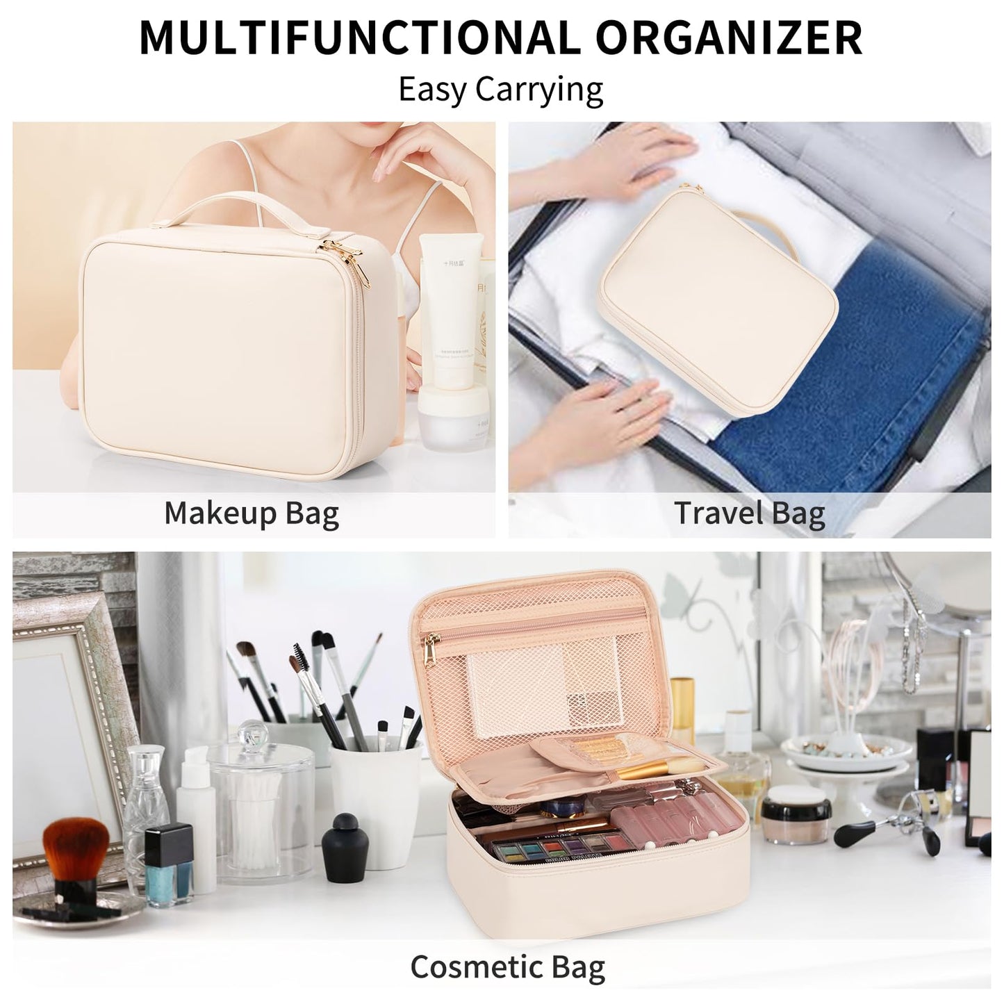 Makeup Bag, Potable Make up Bag Cute Makeup Organizer Bag for Toiletry Cosmetics Accessories with Divider and Brushes Compartments, Makeup Travel Case Cosmetic Bags Women and Girls- Beige White