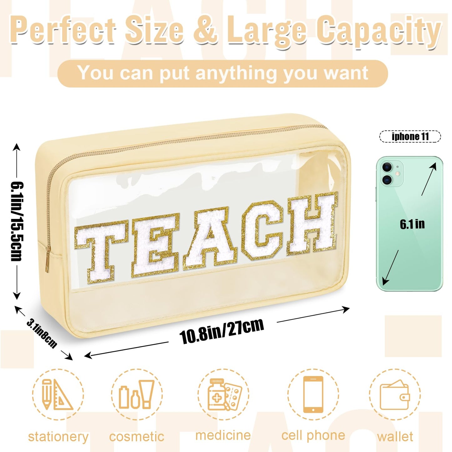 Teacher Appreciation Gifts Chenille Letter Clear Makeup Bag TEACH Pouch, Preppy Patch Makeup Bag with Zipper Graduation Retirement Birthday Cosmetic Bag Teacher Gifts Supplies for Women(TEACH-Beige)