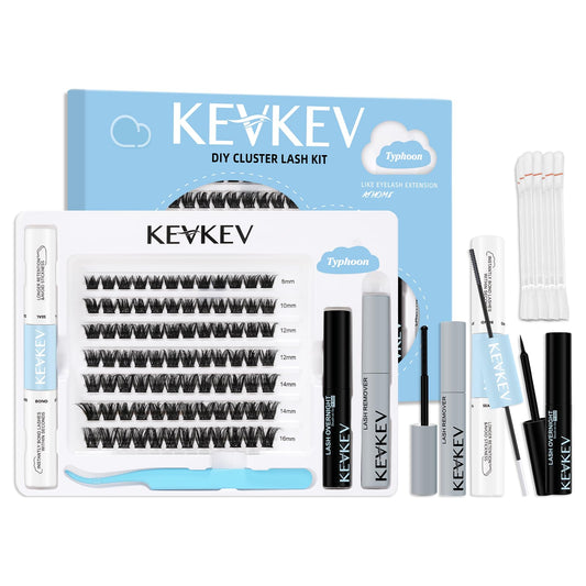 KevKev DIY Lash Extension Kit Lash Clusters Kit 84 Pcs Cluster Lashes with Lash Bond and Seal Lash Glue Remover Overnighter Seal and Applicator for DIY Eyelash Extension(Typhoon Kit,D-8-16mix)