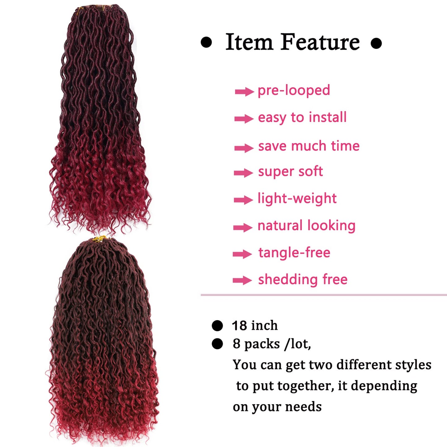 Burgundy New Goddess Locs Crochet Hair 8 Packs 18inch River Locs Crochet Hair Curly Faux Locs Crochet Hair with Curly End Boho Faux Locs Synthetic Hair Extentions(18" T1B/BUG#)