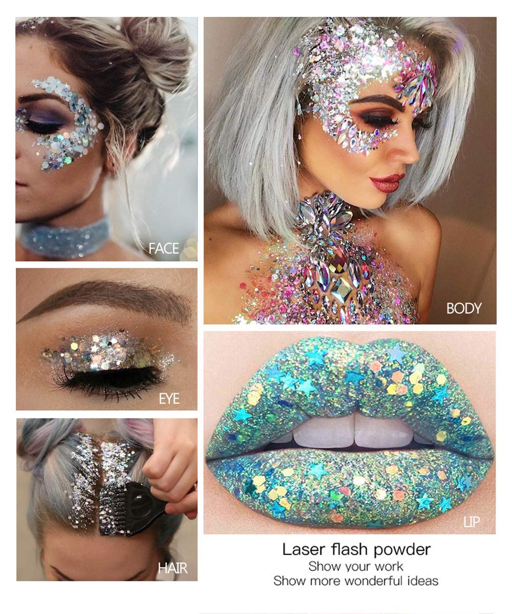 GL-Turelifes Mermaid Sequins Chunky Glitter Liquid Eyeshadow Glitter Body Gel Festival Glitter Cosmetic Face Hair Nails Makeup Long Lasting Sparkling 30g (White+Silver)