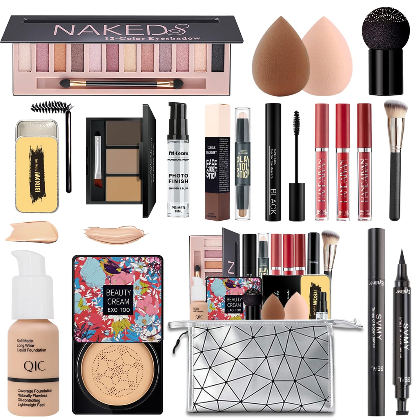 All in One Makeup Kit,Includes Naked Eyeshadow,Liquid Foundation,CC Cream,Lipstick Set,Mascara,Makeup Brush,Makeup Sponge,Eyebrow Powder,Eyebrow Soap,Eyeliner Stamp, Primer,Contour Stick,Cosmetic Bag