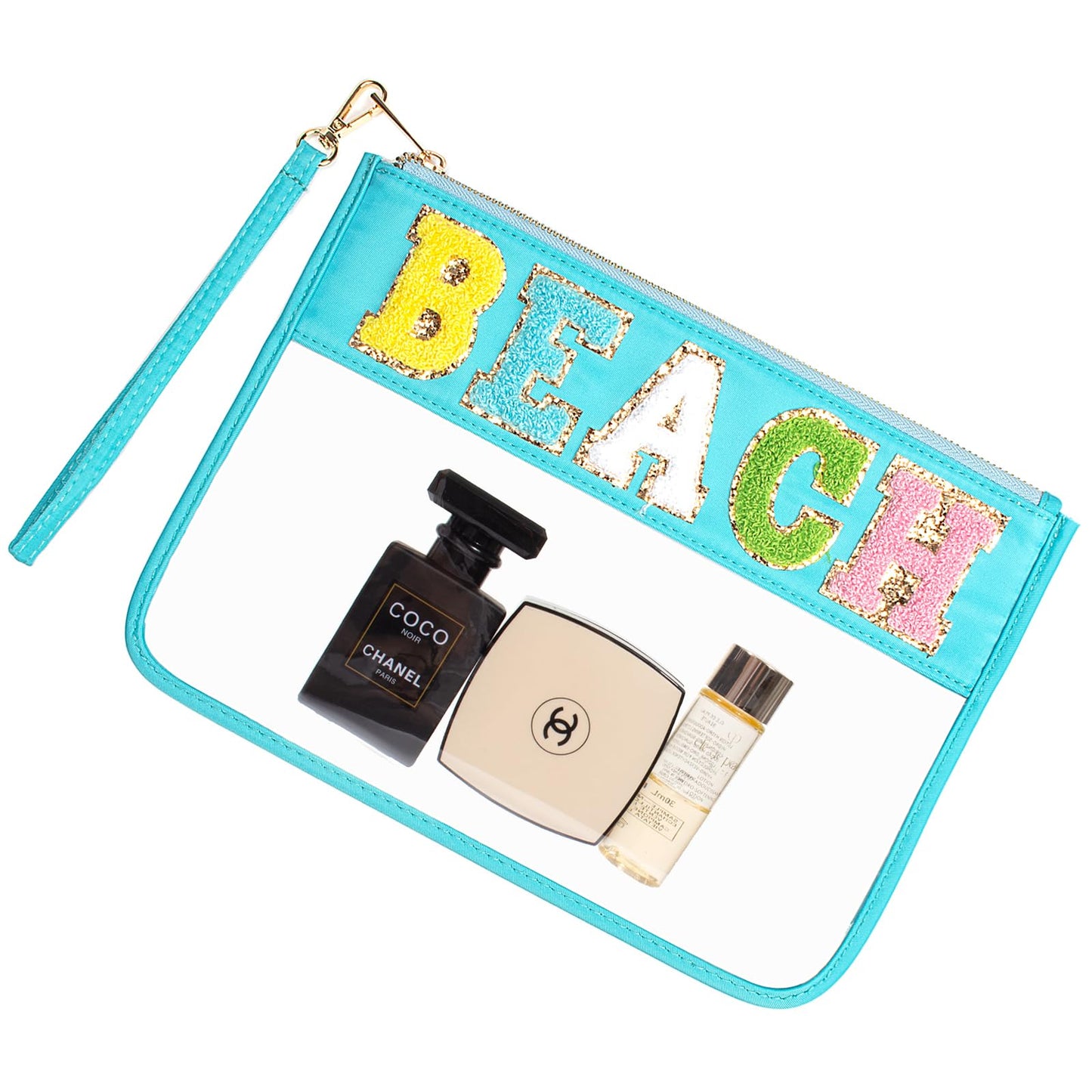 Letter Clear Makeup Bag Pouch for Travel with Zipper Wristlet,Clear Cosmetic Bag for Women Waterproof Snacks Bag Stadium Purse Toiletry Bag (Blue-Beach)