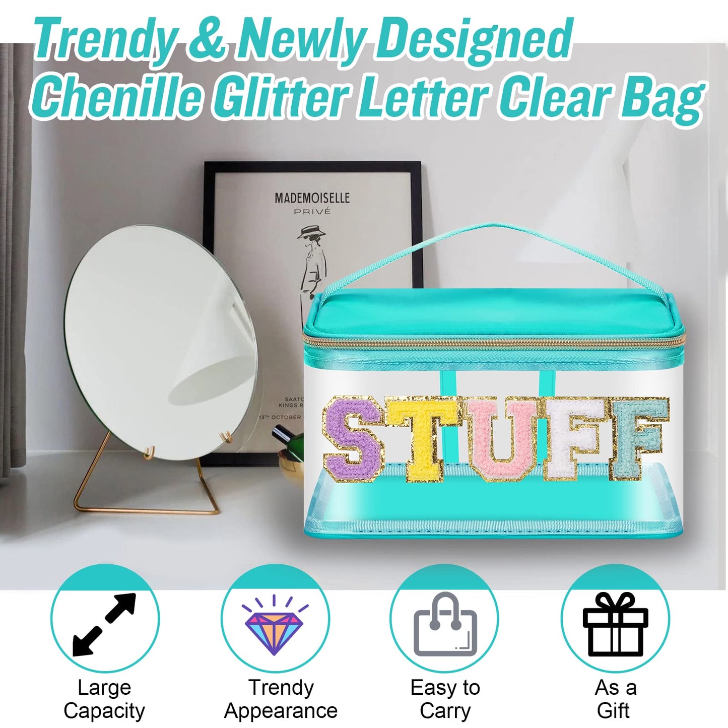 Chenille Letter Clear Makeup Bags Stuff Pouch, Preppy Patch Makeup Bag Zipper with Handle, Transparent PVC & Nylon Waterproof Glitter Cosmetic Handbag Travel Toiletry Storage for Women (STUFF-Green)