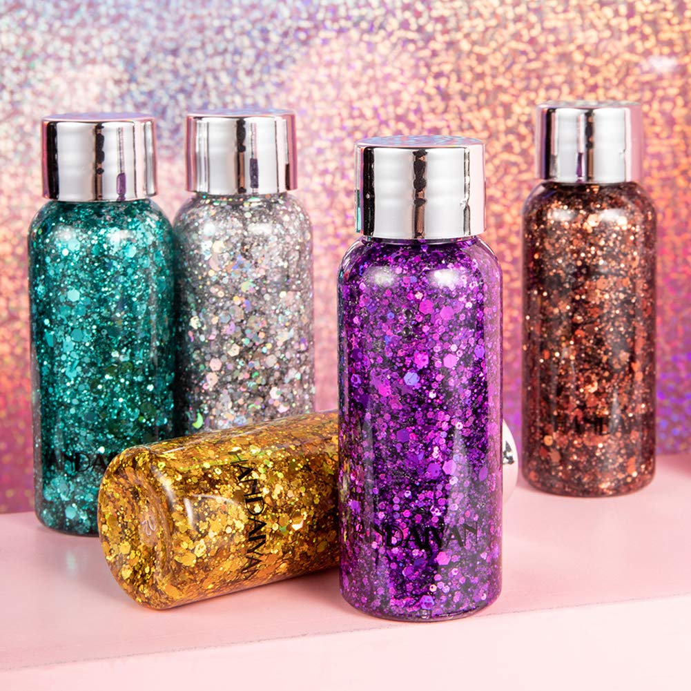 GL-Turelifes Mermaid Sequins Chunky Glitter Liquid Eyeshadow Glitter Body Gel Festival Glitter Cosmetic Face Hair Nails Makeup Long Lasting Sparkling 30g (White+Silver)