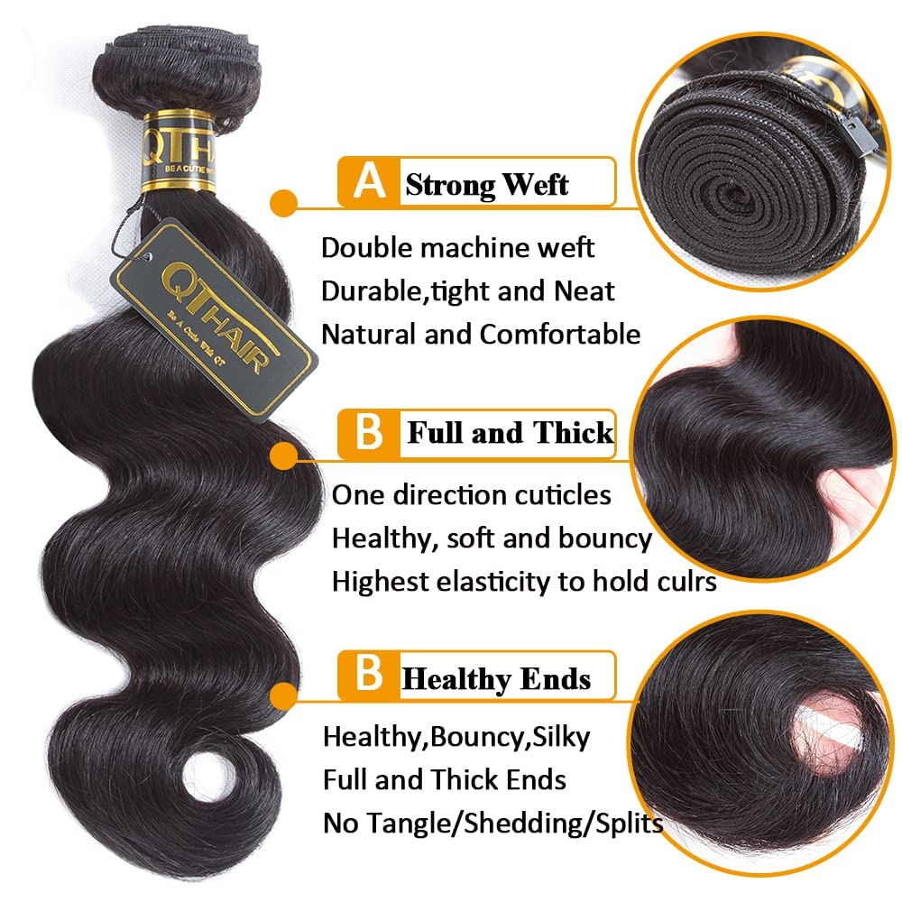 QTHAIR 14A Brazilian Virgin Hair Extension Body Wave 3 Bundles 300G 10 12 14inch Brazilian Body Wave Human Hair Weaves Brazilian Hair Bundles Body Wave Virgin Hair Extensions