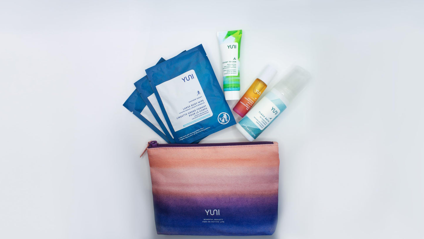 YUNI Beauty Natural Travel Essentials Kit (7pc kit) Beauty On the Run Travel Size Body Care Kit - Cleanse, Refresh, Hydrate - Save Time - All Natural, Paraben-Free, Cruelty-Free