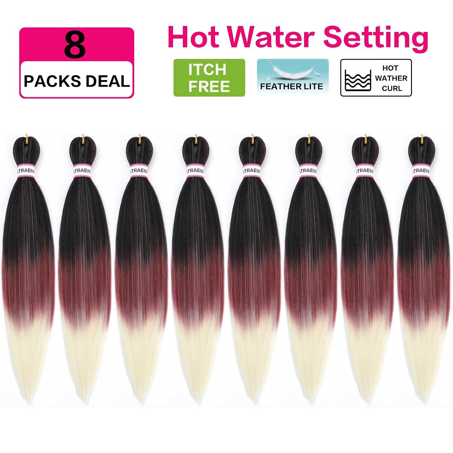 Pre Stretched Braiding Hair 8 Packs - 20 Inch Ombre Braiding Hair,Three Tone Yaki Texture Prestretched Crochet Braids Hair, Synthetic Hair Extension Itch Free Hot Water Setting (20 Inch, 1B/red/613)