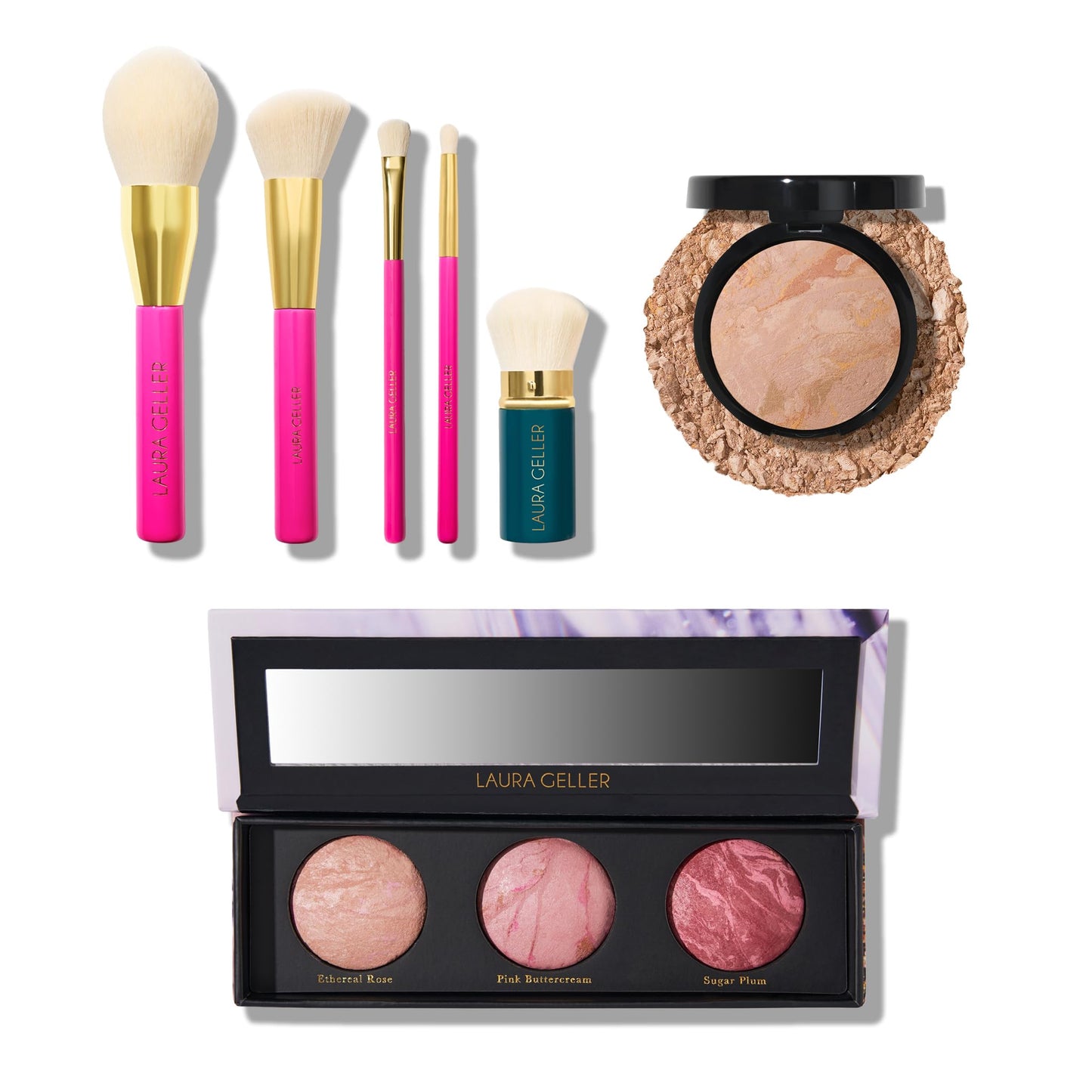 LAURA GELLER NEW YORK Baked Balance-n-Brighten Powder Foundation, Fair + Geller's Greatest Brush Trio + 5pc Full Face Makeup Brush Set | Amazon Exclusive |