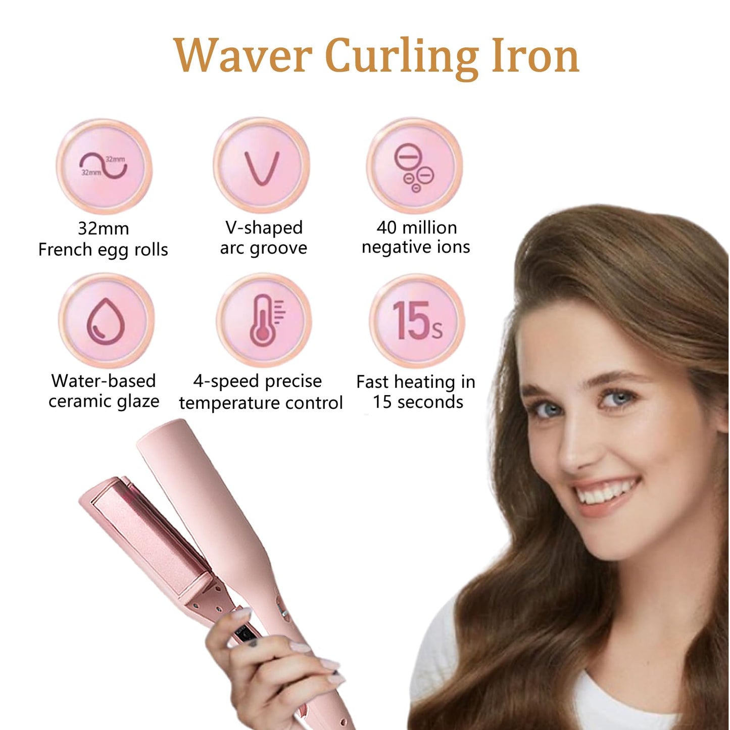 32mm (1.25") Wave Curling Iron, Hair Curling Iron with Anti-Scald Hair Crimper, Fast Heating Curling Wand for Women, 4 Temp Settings, Crimper Hair Iron for Wide Deep Waves (Pink)