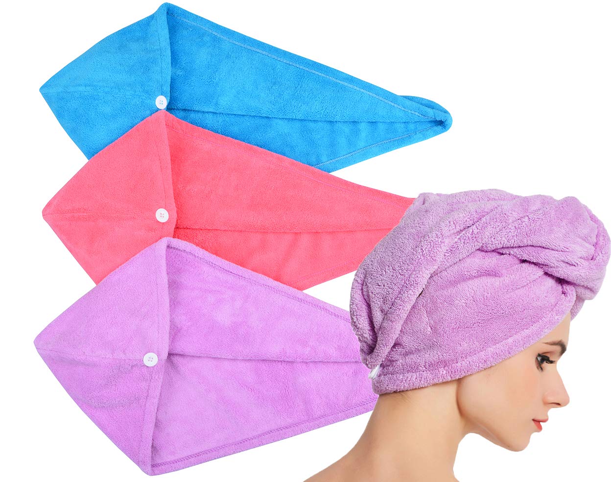 HOPESHINE Hair Towel Twist Women's Soft Shower Towels for Hair Turban Wrap Drying Head Towels Great Gift for Women (Blue+Purple+Rose Red 3-Pack)