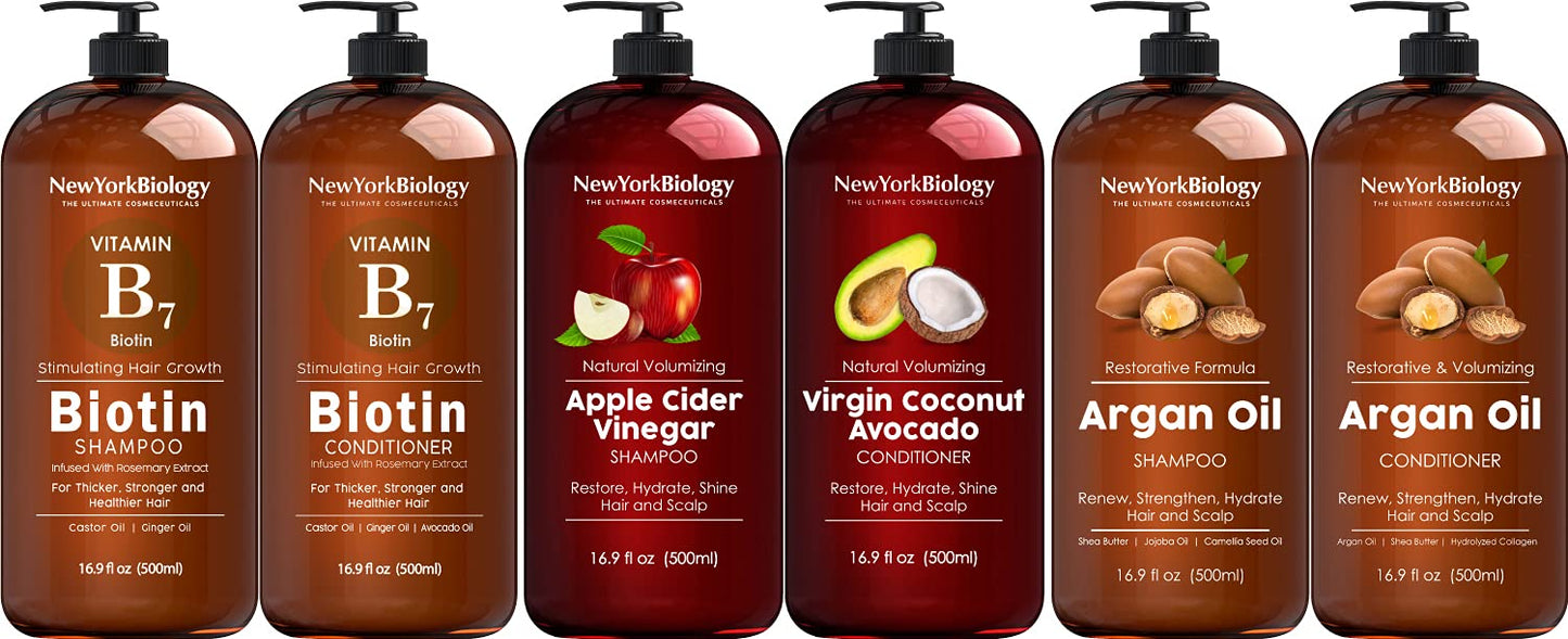 New York Biology Biotin Shampoo and Conditioner with Apple Cider Vinegar, Coconut Avocado Oil, and Moroccan Argan Oil - 16.9 fl oz