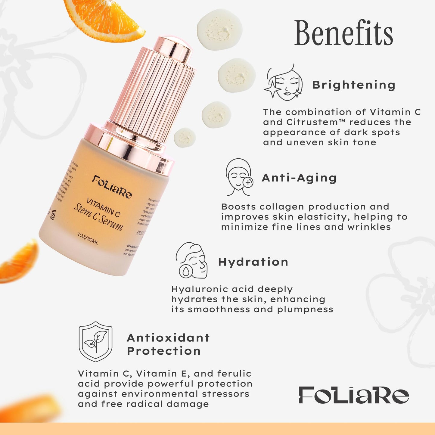 Foliare Vitamin C Face Serum Stem-C - Hydrating, Anti-Aging Serum - Sodium Ascorbyl Phosphate, Hyaluronic Acid, Vitamin E - Vegan, Cruelty-Free, Unscented - 1 fl oz