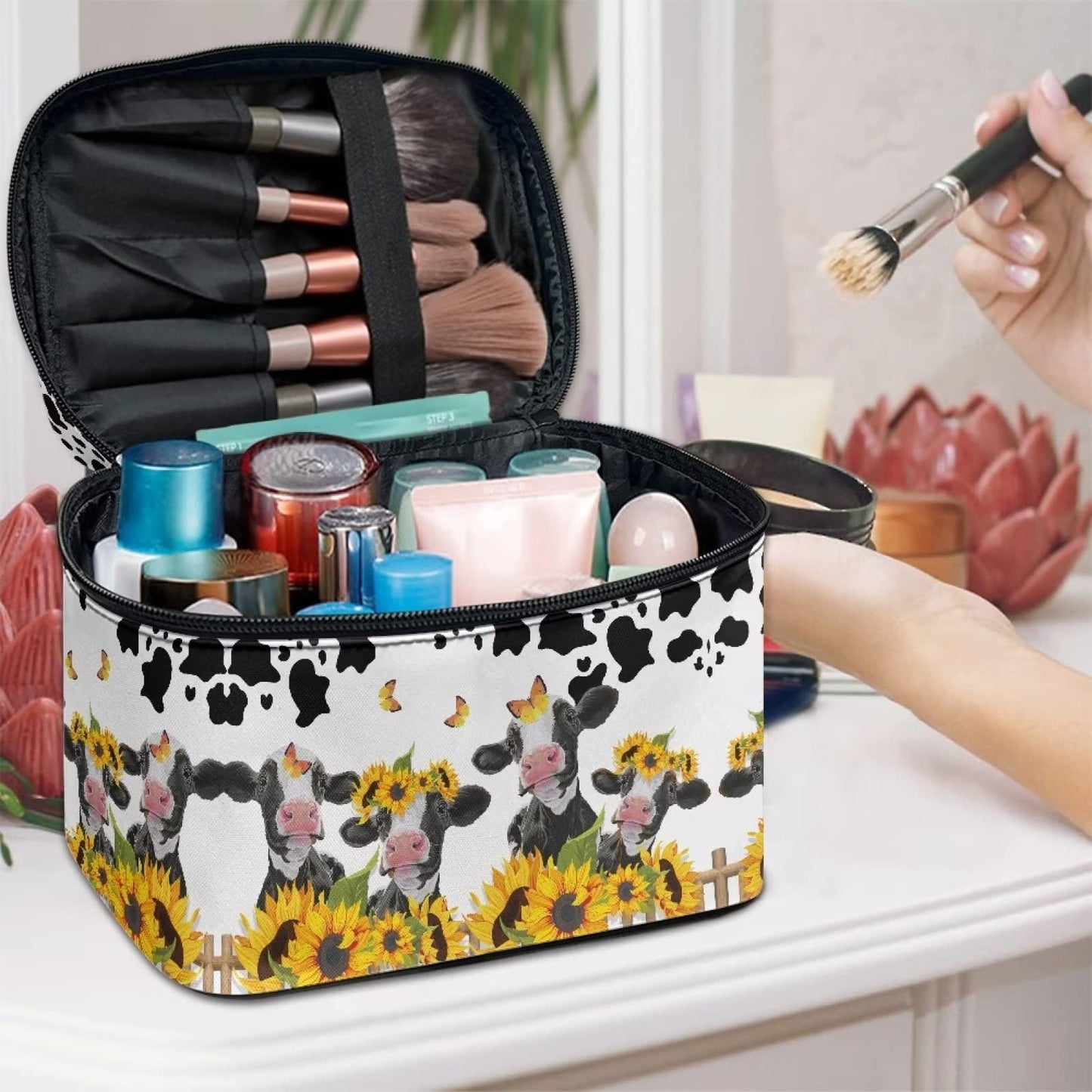 JEOCODY Cosmetic Bags for Women Sunflower Cow Print Portable Cosmetic Bag Multifunction Artist Storage Bag with Dividers for Cosmetics Makeup Brushes, Girls, Women, Friends Gifts