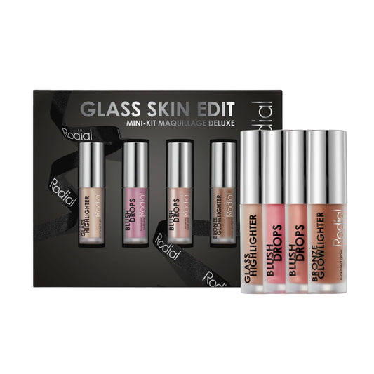 Rodial Glass Glow Edit - Blush Drops - Frosted Pink, Blush Drops - Sunset Kiss, Bronze Glowlighter, Glass Highlighter | Luxurious Makeup Kit | Beauty Gift