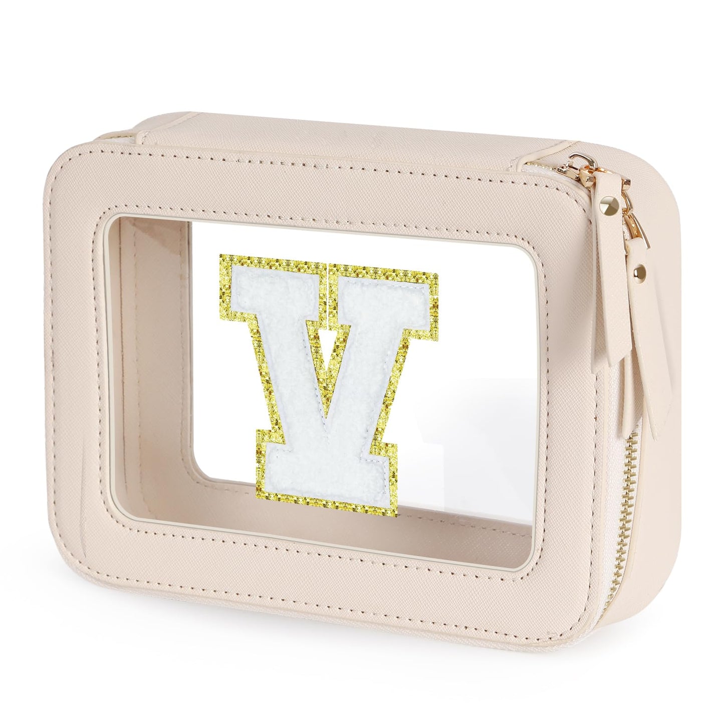 Clear Initial Makeup Bag - Toiletry Cosmetic Bag For Women, Cute Car Accessories & Essentials, And Preppy Makeup Bag For On-The-Go Glam - Gold Zippers Included, With Chenille Letter Decoration(V)