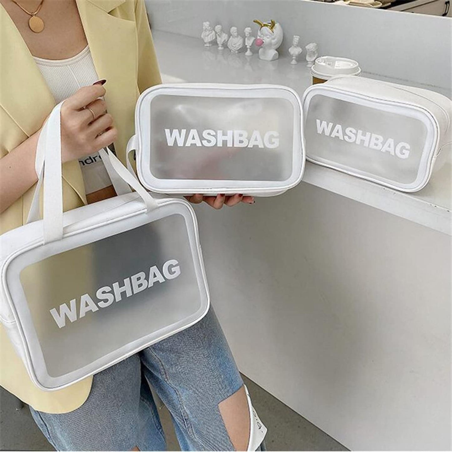 Travel Toiletry Bag for Women Men, Translucent Waterproof Travel Makeup Cosmetic Pouch Traveling Organizer for Toiletries, Cosmetic, Accessories CynynYxy (A-White)