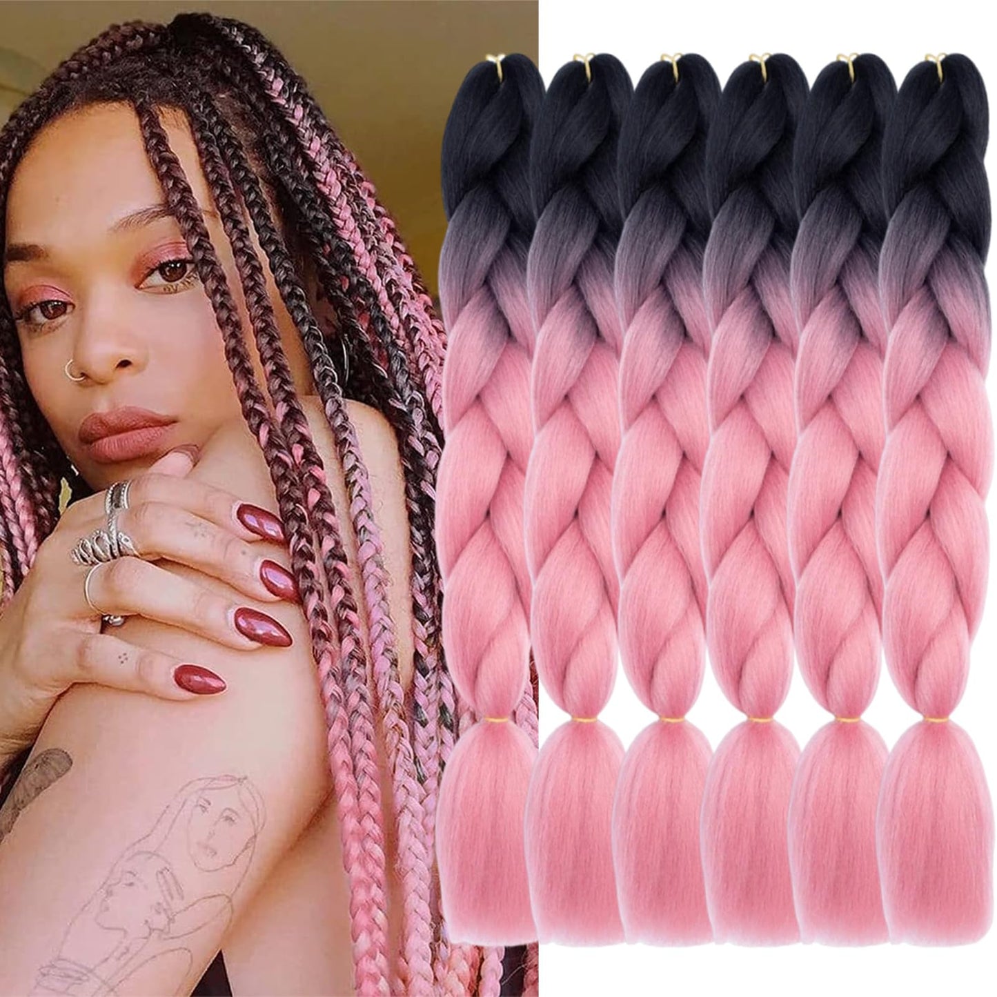 TENGSHUO FLY Ombre Braiding Hair Extensions for Women 6 Packs/24 Inch Braiding Hair Fiber Crochet Hair for Box Braids Senegal Twist Hair Extensions(24" (Pack of 6),Black to Rouge Pink)