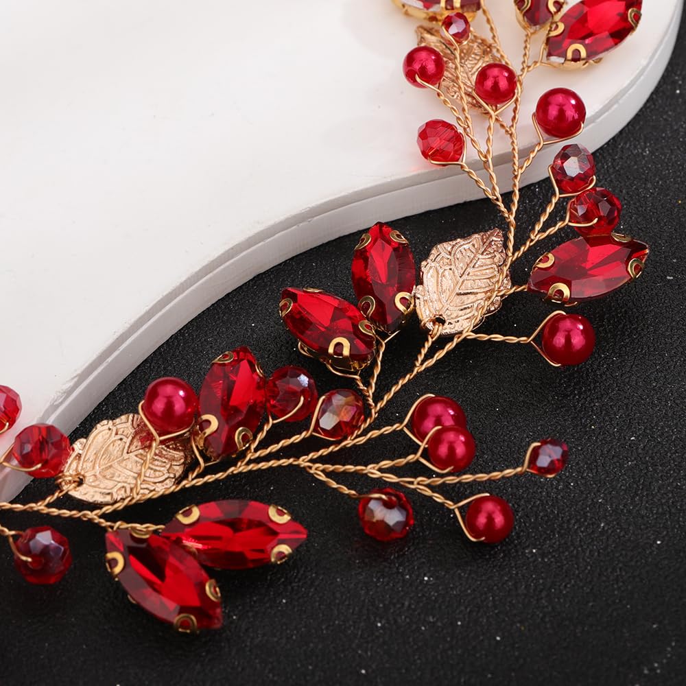 Teyglen Crystal Bride Wedding Hair Vine Bridal Gold Leaf Red Crystal Headband Handmade Blue Red Black Rhinestone Pearl Hair Pieces Headpieces Hair Accessories for Bride Women Girls (Red)