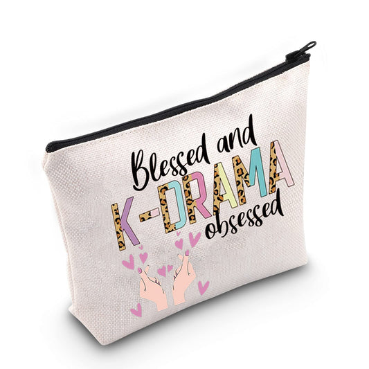 LEVLO Korean Drama Cosmetic Make Up Bag K-Drama Lover Gift Blessed And K-DRAMA Obsessed Makeup Zipper Pouch Bag (Blessed And K-DRAMA)