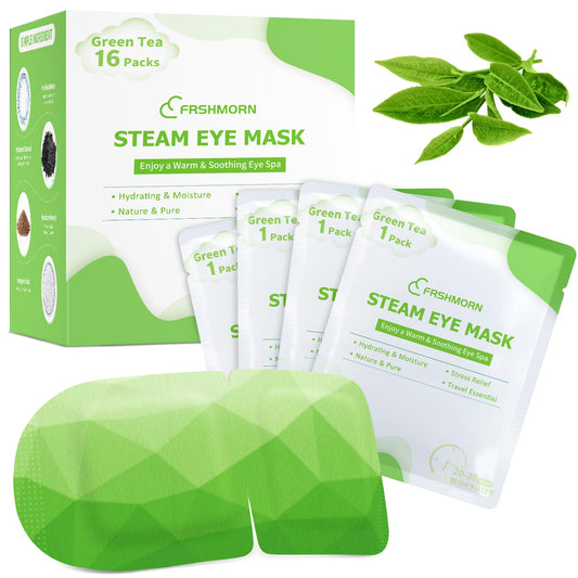 FRSHMORN Steam Eye Mask, Heated Eye Mask Warm Compress for Eyes, Disposable Self Heating Moist Heated Eye Masks, Spa Gifts for Home Office Travel, Sleep Mask for Men Women (Green Tea, 16Packs)