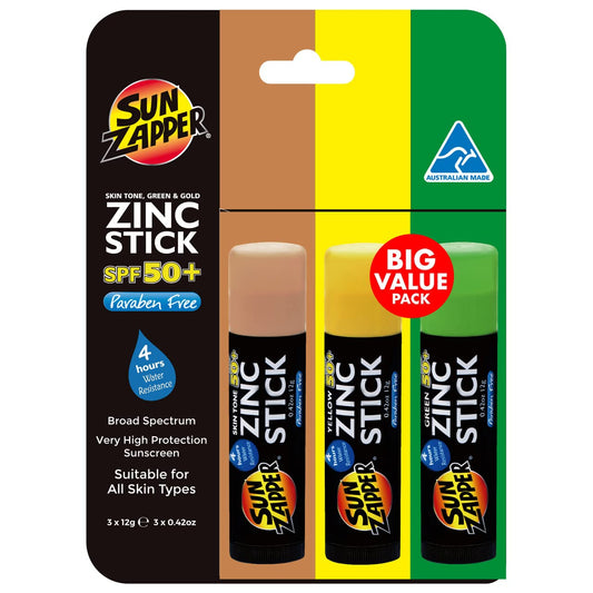 Sun Zapper Zinc Oxide Sunscreen - Skin Tone, Green & Gold - SPF 50+ Very High Sun Protection Waterproof Sunblock for Face & Body, Adults, Kids, Baby - Travel Stick