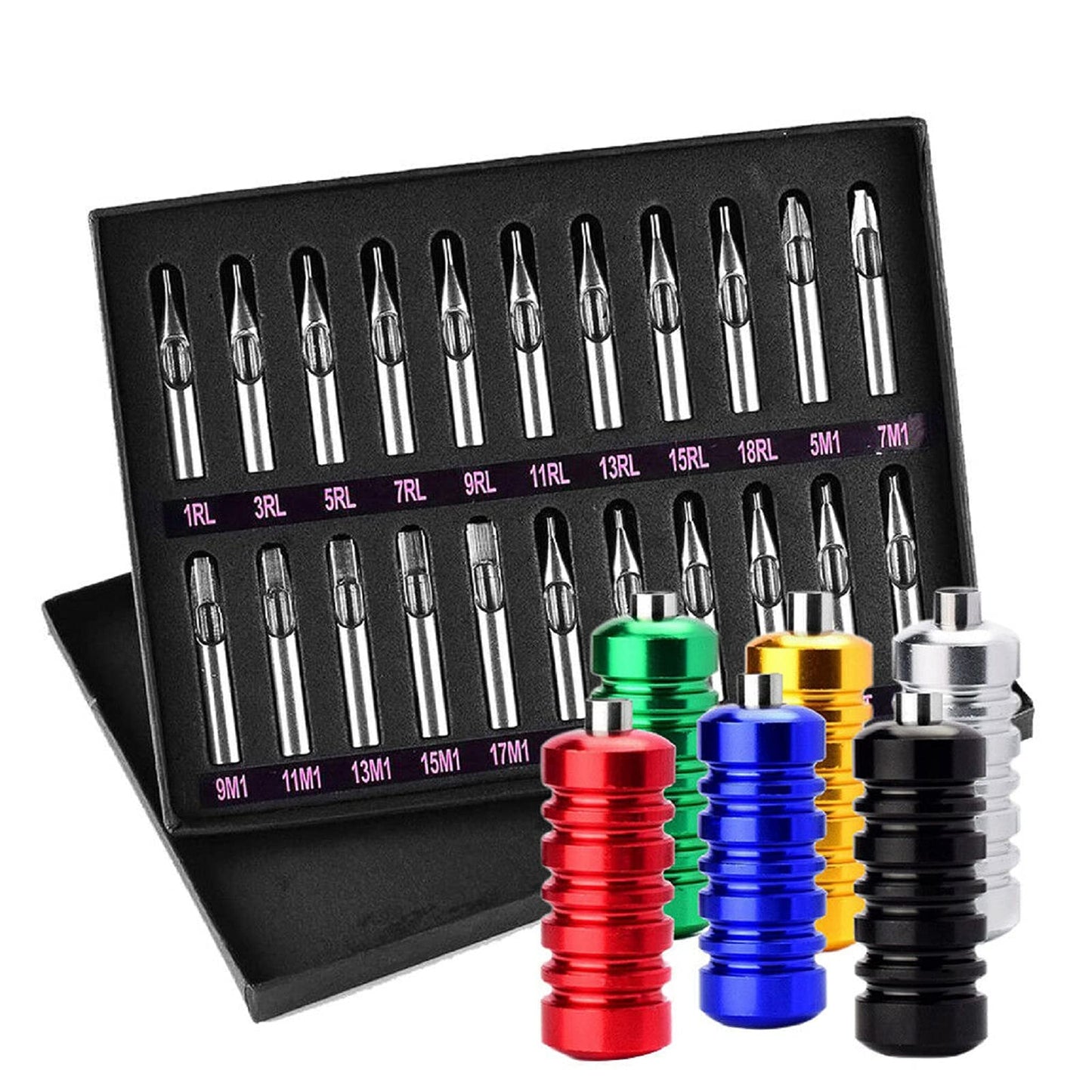 22pcs Tattoo Stainless Steel Tip Set Kit Round/Flat/Diamond RT FT DT Tube + 6 Grips