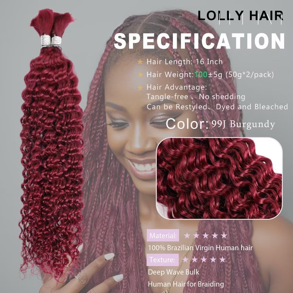 Labamiya Curly Burgundy Braiding Human Hair 100g 18 Inch 99J Burgundy Deep Water Wave Bulk Human Hair for Braiding No Weft Brazilian Virgin Deep Curly Human Hair Extensions for Boho Braids