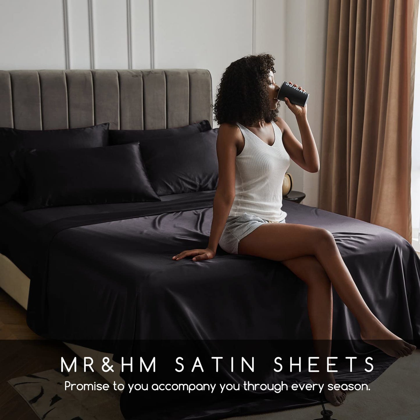 MR&HM Satin Bed Sheets, Twin Size Sheets Set, 3 Pcs Silky Bedding Set with 15 Inches Deep Pocket for Mattress (Twin, Black)