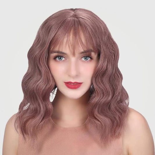 Wigs for Women - Light Maroon Wig with Bangs for Women, Short Wavy Bob Wig, Colorful Medium Length Wig, Pastel Colored Cosplay Wig Synthetic Costume Wigs, Halloween Wigs…