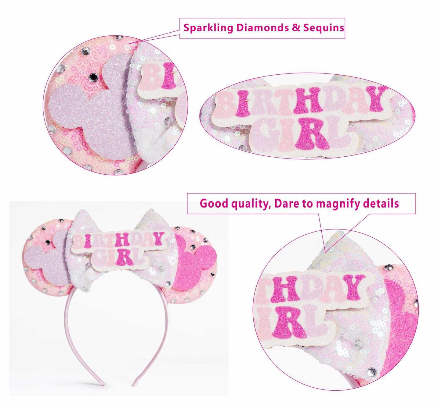 WW-WONDERFULWORLD Mouse Ears Birthday Headbands With Shiny Sequins Diamond Decoration, for Girls Costume Cosplay Glitter Party, for Kids & Adult, Pink; BR-3