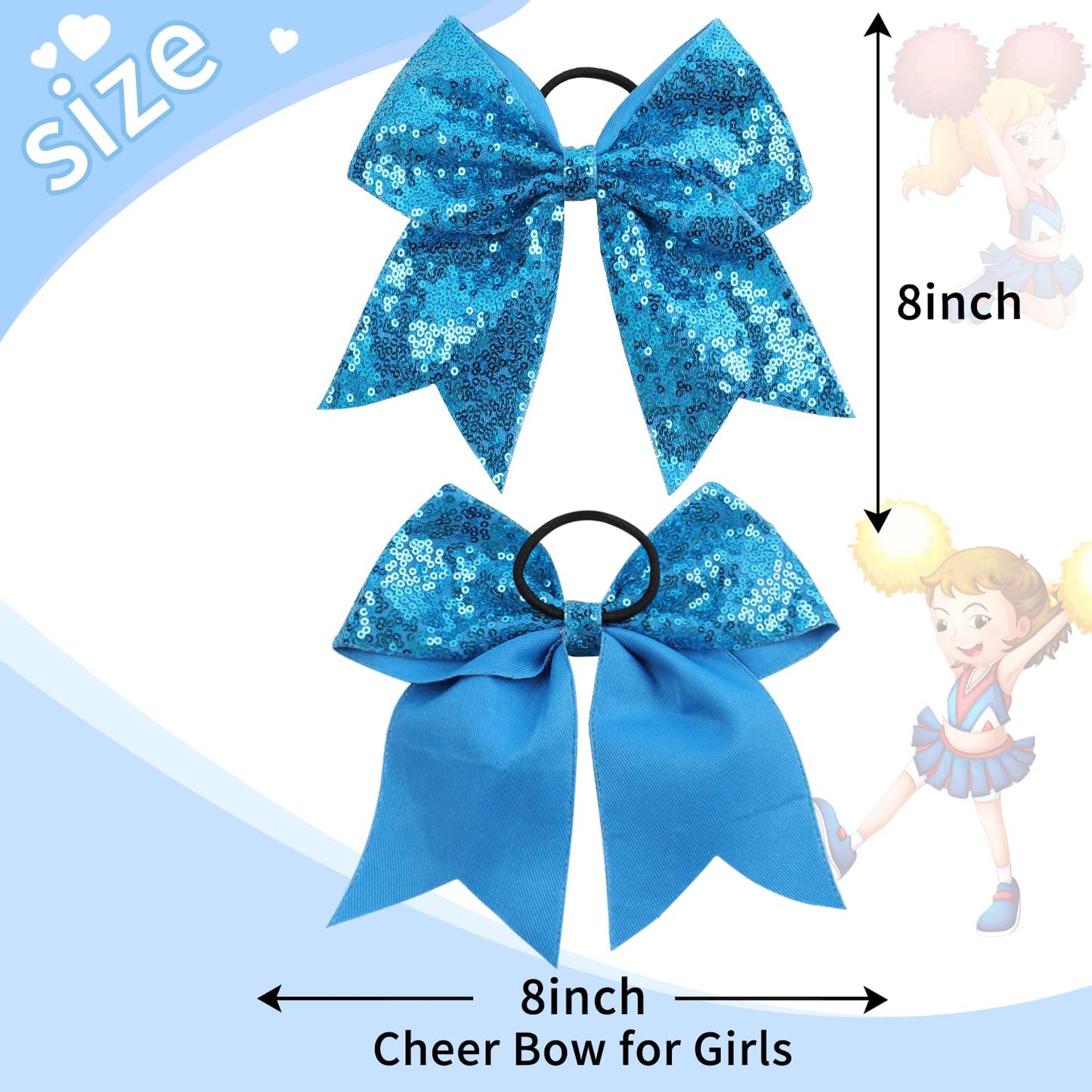 Oaoleer 12PCS 7" Large Glitter Cheer Hair Bows Ponytail Holder Elastic Band Handmade for Cheerleading Teen Girls College Sports (Sequin Lake Blue 12PCS)