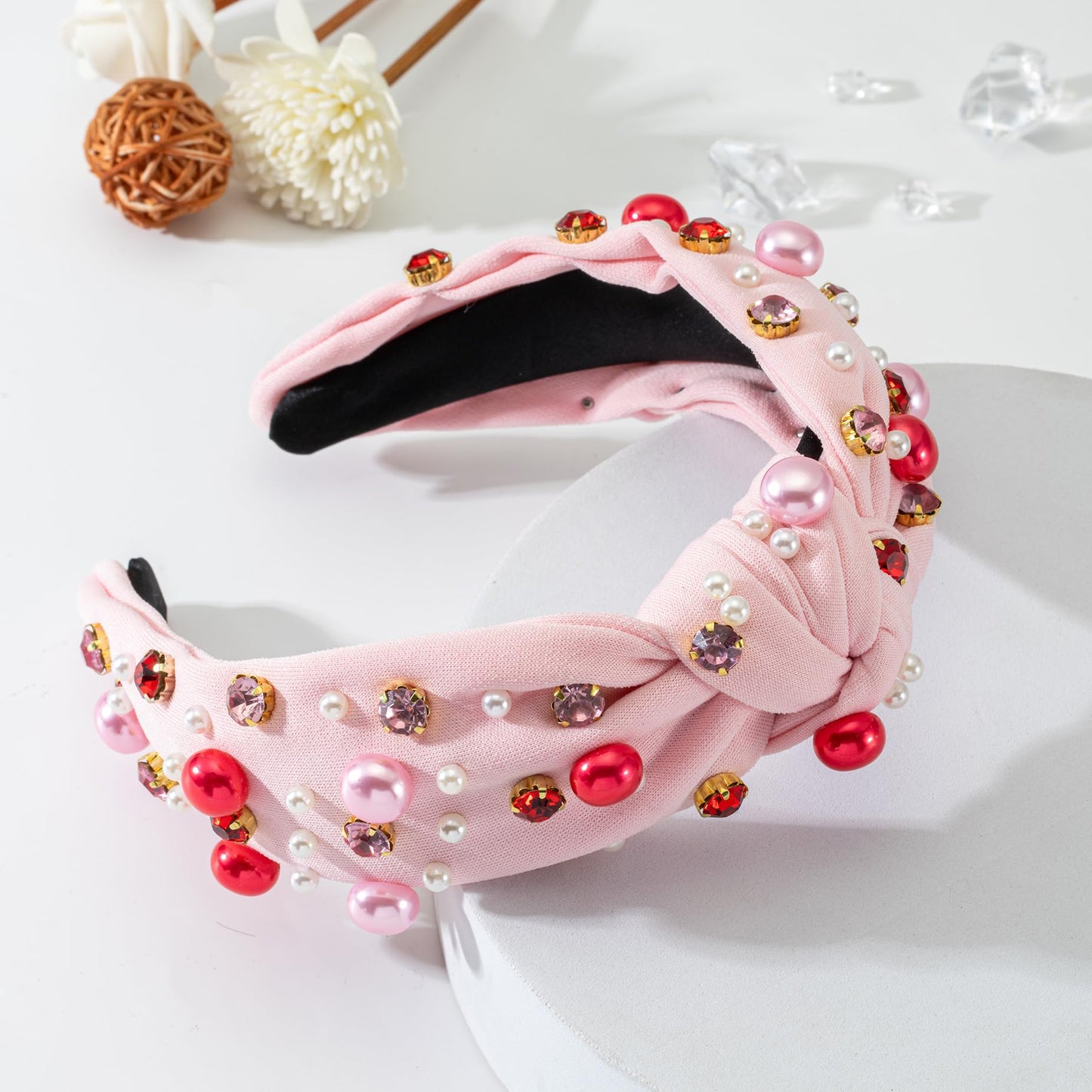 Mixcbe Valentine’s Day Pearl Headband for Women Holiday Red Pink Crystal Jeweled Knotted Headband Pink Wide Top Knot Headband Valentine’s Day Hair Accessories Gifts (valentine pearl-pink)…