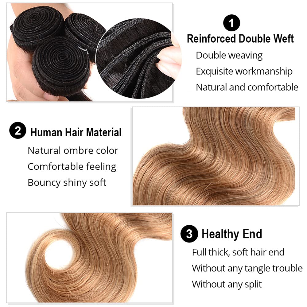 1B/27 Bundles Ombre Highlight Body Wave Human Hair Bundles 8A Grade Brazilian Unprocessed Virgin Hair 3 Bundles 12 12 12 Inch Blonde Body Wave Bundles Remy Human Hair Extensions