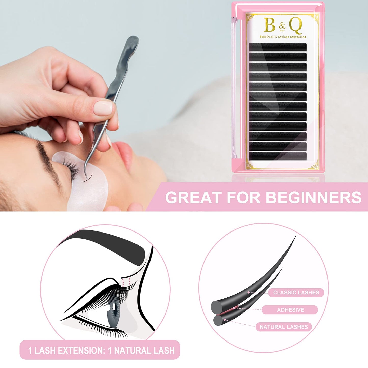 Classic Lash Extensions D-0.18-14 B&Qaugen Classic Eyelash Extensions .18 Eyelash Extensions D Curl Single Lash Extensions (D-0.18, 14 mm)