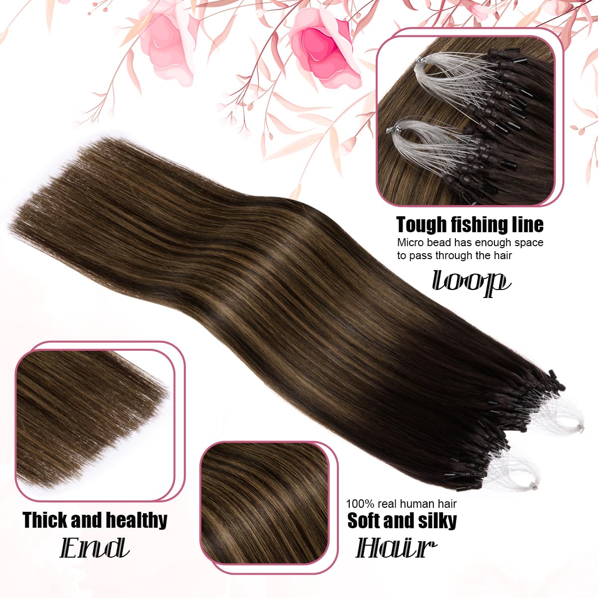 Kpvxxve Micro Loop Hair Extensions Human Hair Micro Link Extensions Darkest Brown Mix Ash Brown 20 Inch Ombre Microbead Extensions #2/8/2 Straight Real Human Hair Extensions 50g 1g/s