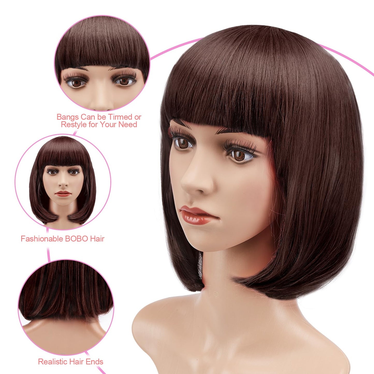 AGPTEK 13 Inches Straight Heat Resistant Short Bob Hair Wigs with Flat Bangs for Women Cosplay Daily Party - Dark Brown