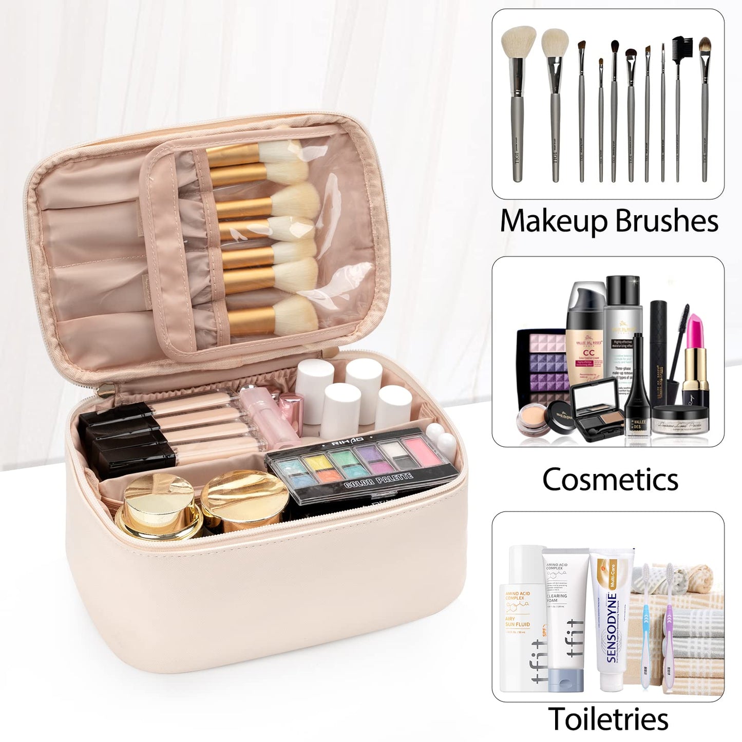 OCHEAL Makeup Bag, Portable Cosmetic Bag, Large Capacity Travel Makeup Case Organizer, Makeup Bags For Women Toiletry Bag for Girls Traveling With Handle and Divider- Beige