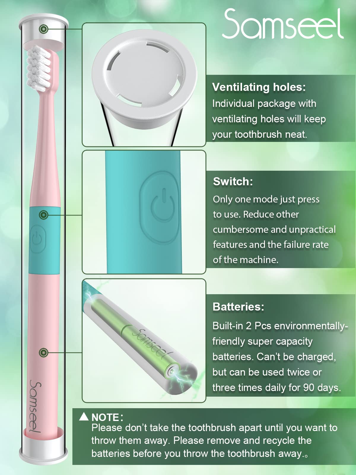 Samseel Pink*2Pcs, Travel Essentials Electric Toothbrush Lasting for 90 Days Sonic Electric Travel Size Toiletries Waterproof Portable Mini Design for Daily Oral Care Business Travelling