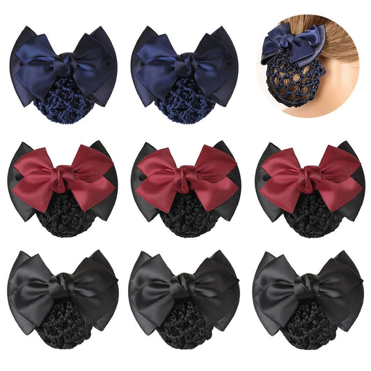 TXIN 9 Pieces Women's Hair Accessories: Satin Bow Crochet Bowknot Barrette, Mesh Knit Hairnets Clip for Women and Girls in Black, Navy Blue, and Red